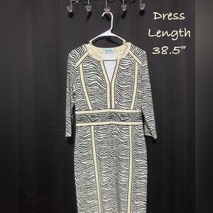 J.McLaughlin Zebra Print Sheath 3/4 Sleeve V-Neck Zippered Closure Dress Sz M